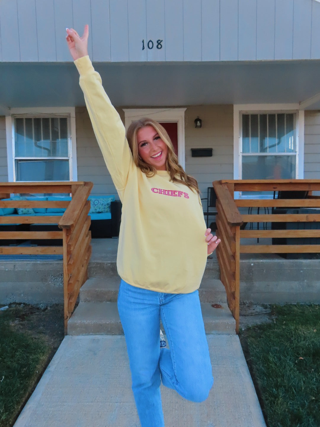 Butter yellow and red gingham crewneck