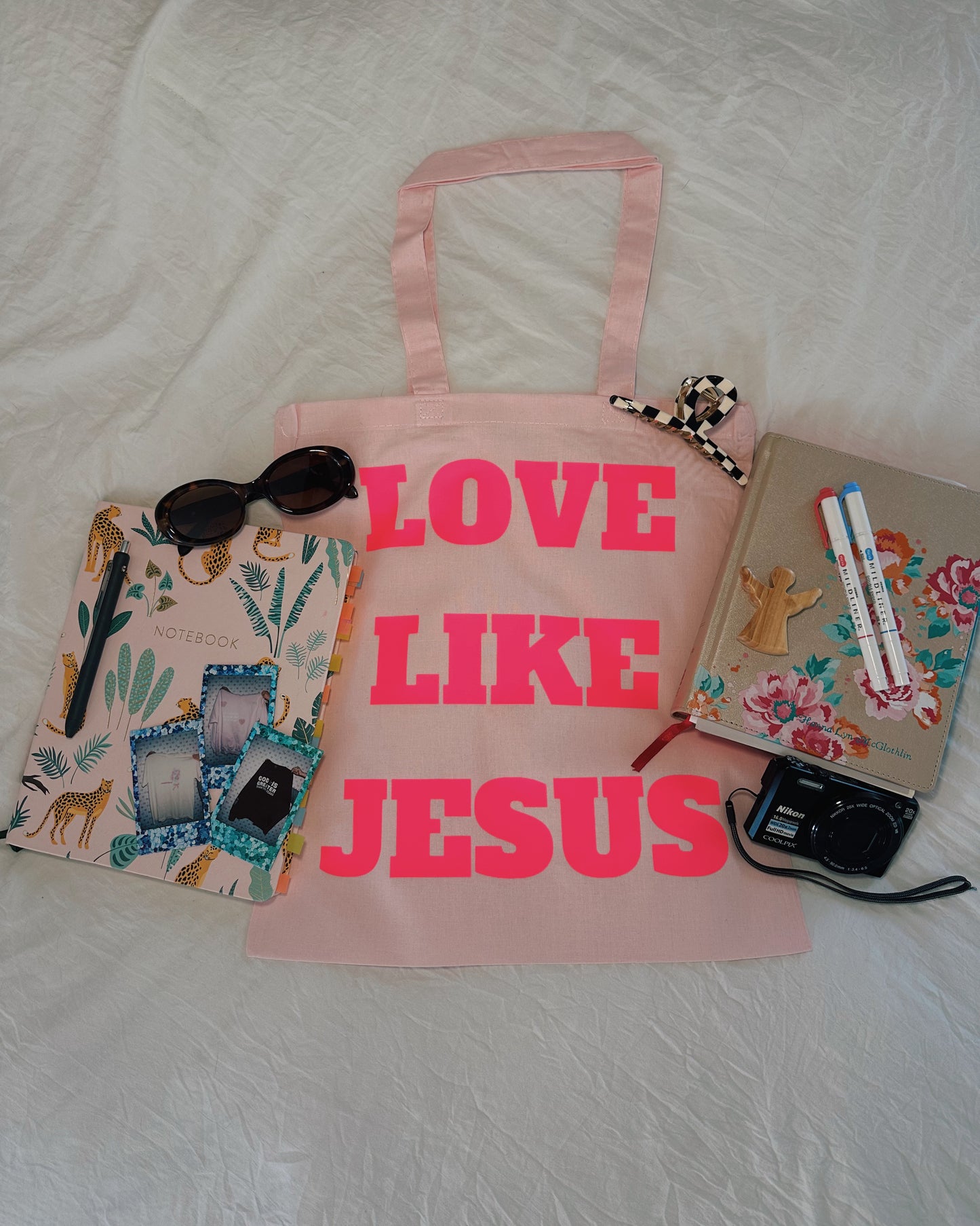 Hot pink love like Jesus tote bag
