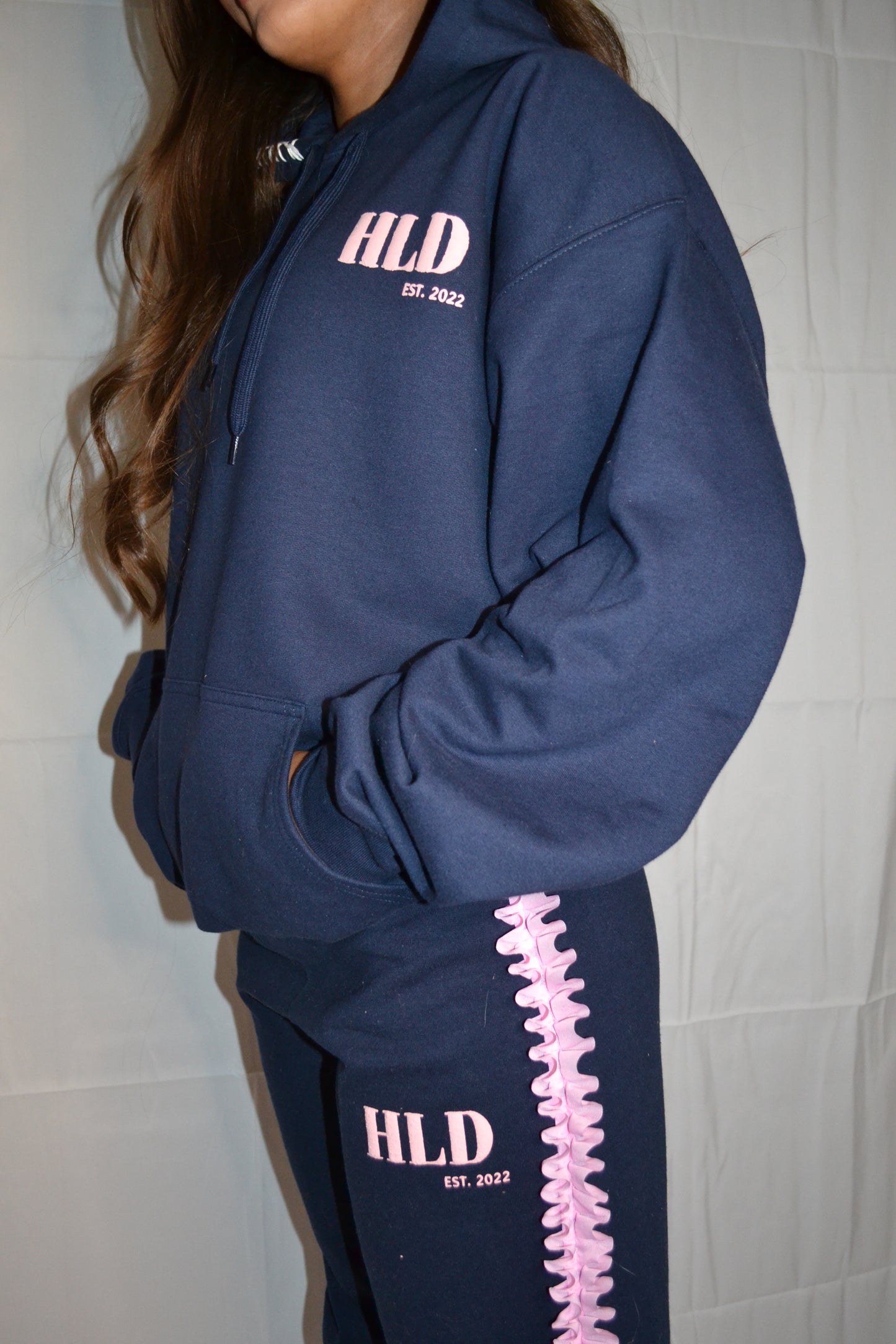 Navy and pink ruffle sweatpants