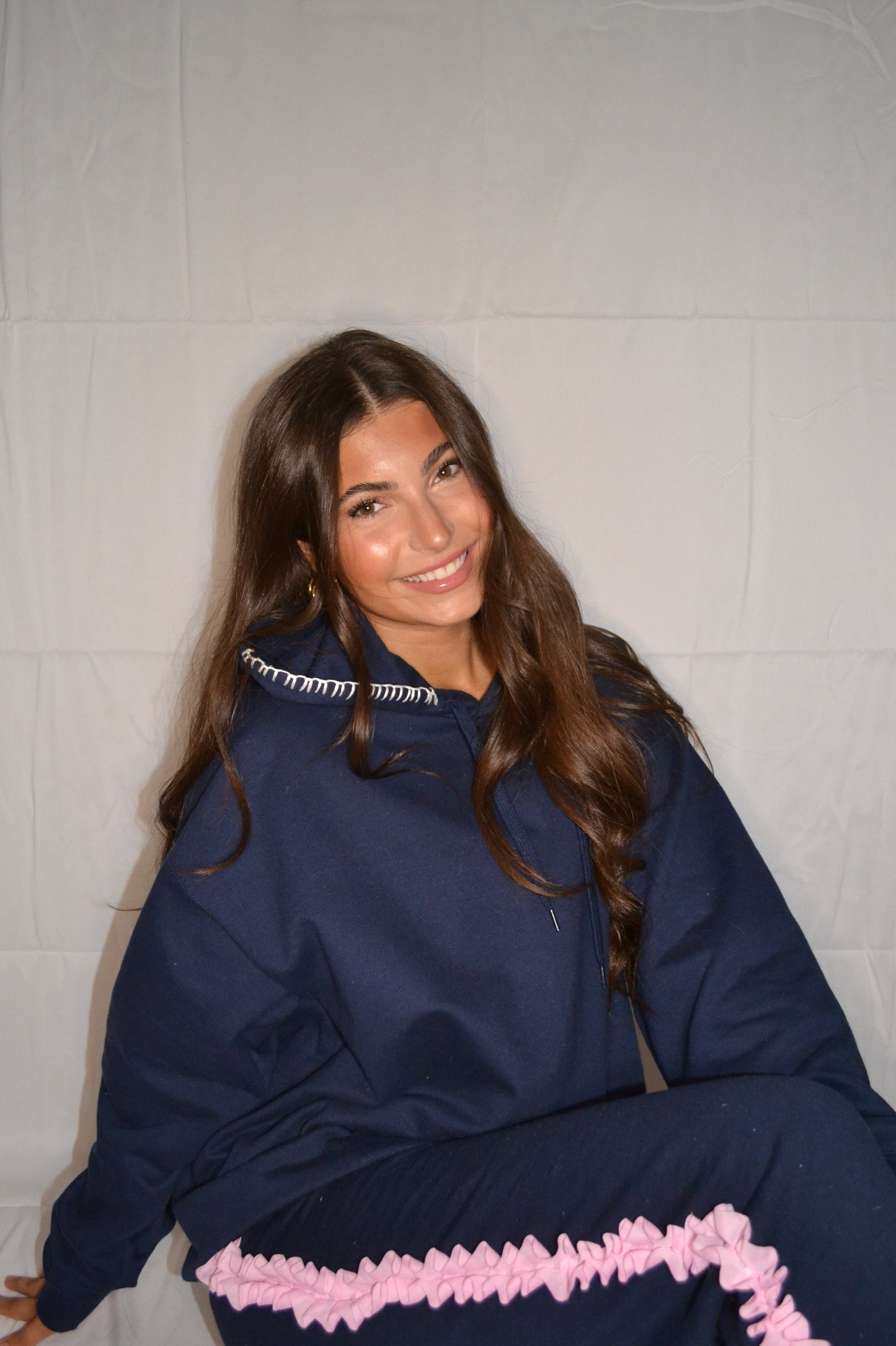 Navy and pink ruffle sweatpants