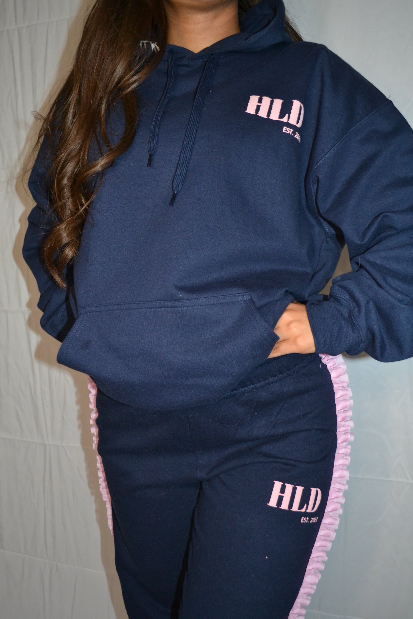 Navy and pink ruffle hoodie