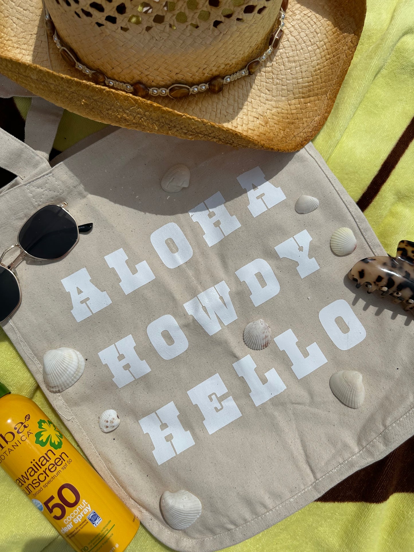 Aloha, Howdy, Hello tote bag