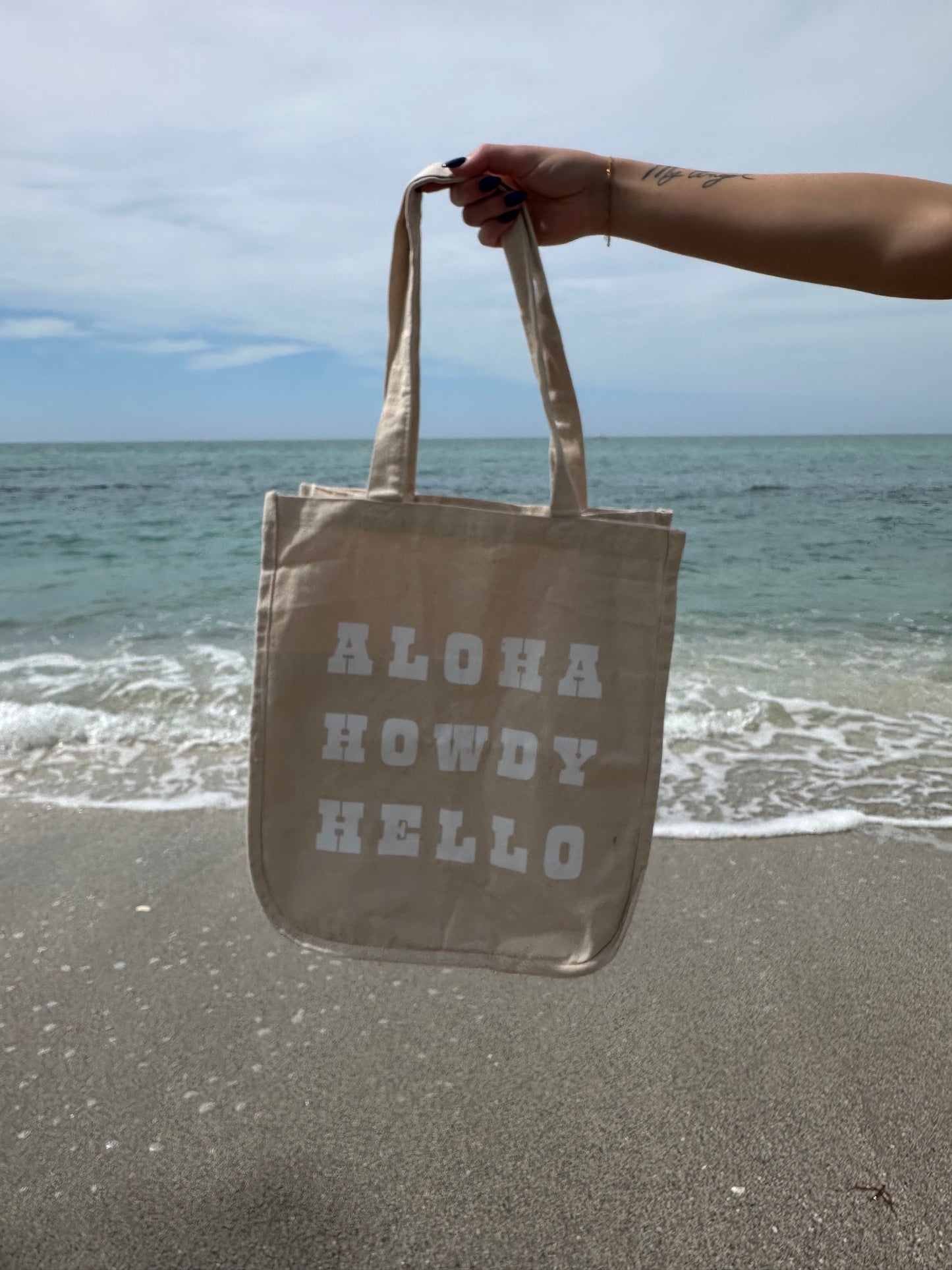 Aloha, Howdy, Hello tote bag